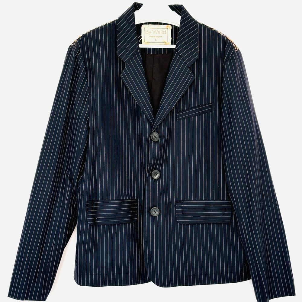 By Walid Pinstripe 3 Button Jacket with Embroidered Back Detail L